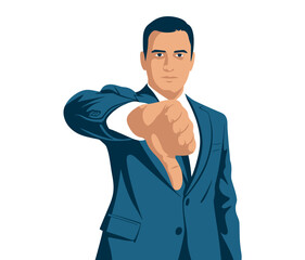 A man in a suit gives a thumbs down gesture, indicating disapproval or rejection.