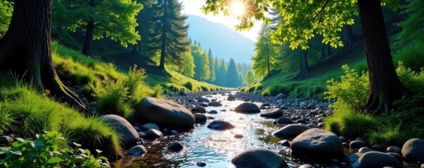 Rustic forest stream plunges into valley, dramatic Dolomites, wild, cloud