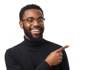 Smiling black man wearing glasses and turtleneck pointing to the right isolated on transparent background