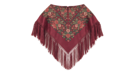 Burgundy shawl with floral pattern and fringes