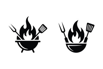 Barbecue Grill Icons With Flames and Utensils