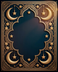 Ramadan kareem card background with golden crescents and stars in luxury ornamental blue islamic frame art