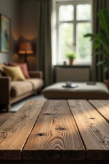 Rustic wooden table, blurred living room Ideal for product display , product photography, tabletop