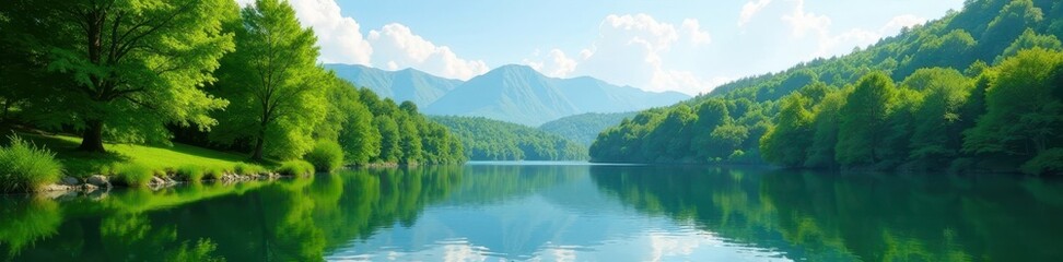 Serene lake, lush green forest, calm water, summer day, healthy, tranquility