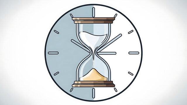 A minimalist vector graphic of an hourglass inside a clock face