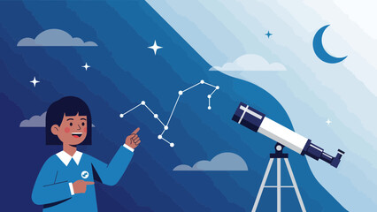 Enthusiastic Girl Exploring The Night Sky With Constellations And Telescope