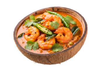 shrimp curry in coconut bowl with cilantro garnish
