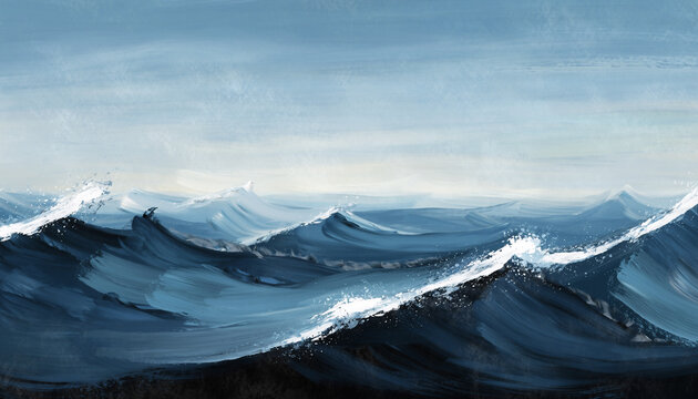 peinture artistique de vagues d'oc&eacute;an d&eacute;cha&icirc;n&eacute;es sous un ciel bleu