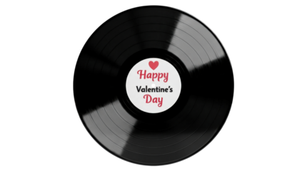 Black vinyl record with white center label wishing happy valentines day greeting