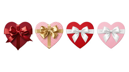 Four different heart shaped gift boxes with various satin ribbons for presentation