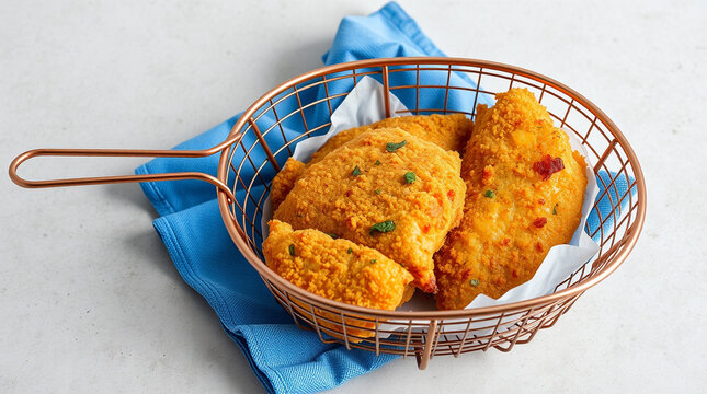 Title: Golden fried chicken pieces in a copper wire basket on a blue cloth