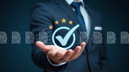Professional Businessman Holding Virtual Quality Assurance Checkmark and Five Stars Icon for Business Excellence Rating and Compliance Standards 
