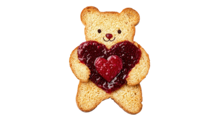 Teddy bear toast with jam heart on transparent background love concept