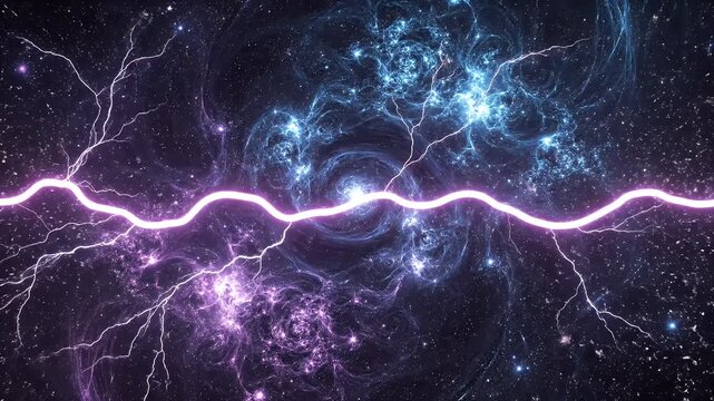 Cosmic Energy Burst with Electrifying Light Wave - A vibrant cosmic scene depicting a dynamic explosion of blue and purple energy amidst a starry space background.