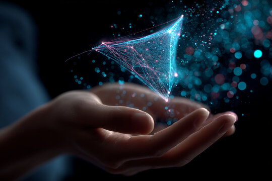 Futuristic neon hologram kite with digital til laddoos forming around a hand.