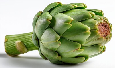 Fototapeta premium Fresh raw artichoke on white background with copy space and blurred texture