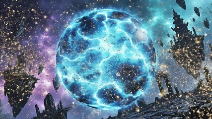 Cosmic Energy Sphere in a Mystical Landscape - A vibrant, glowing blue sphere emits energy in a fantastical landscape filled with floating islands and jagged rock formations.