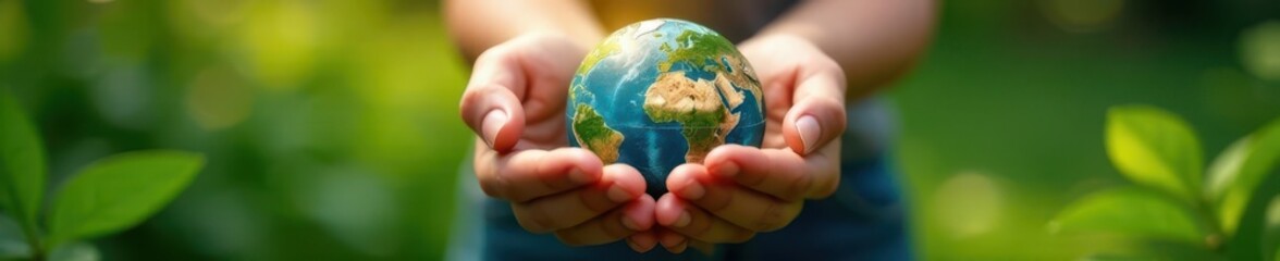 Small hands gently encompass colorful Earth, surrounded by greenery, colorful, green, background