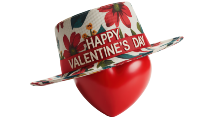 Floral hat with happy valentine day ribbon on red heart shape character isolated on alpha