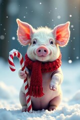 Small pig wearing red scarf holds candy cane, snowy background, pig, festive