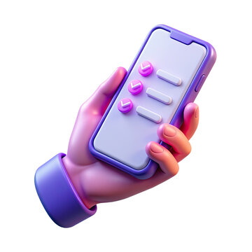 Vibrant 3d smartphone in hand showing checklist with checkmarks on screen isolated on transparent background.