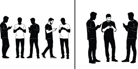 Smartphone addiction concept, group of men using mobile phones, social media obsession, digital isolation, technology dependence, modern communication problem