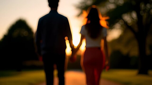 Silhouette of an unrecognizable couple holding hands and walking into a golden sunset with lens flare, illustrating romantic love and partnership.