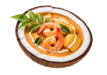 shrimp curry in coconut shell with lime leaves