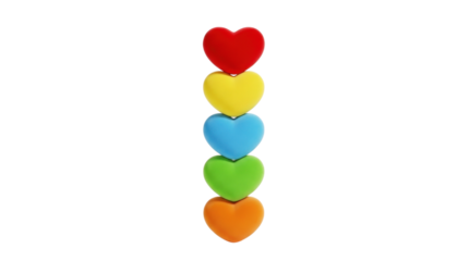 Stack of five colorful candy hearts in vertical alignment on transparent