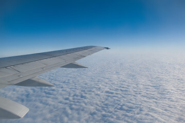 Fototapeta premium A view of the wing of a Boeing 737 Classic (737-300) flying over a blanket of white cirrocumulus clouds under a bright blue sky.