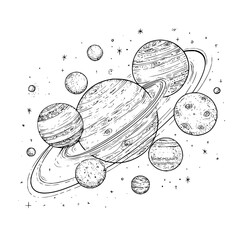 Saturn with Moons and Stars in Space, Hand-Drawn Illustration