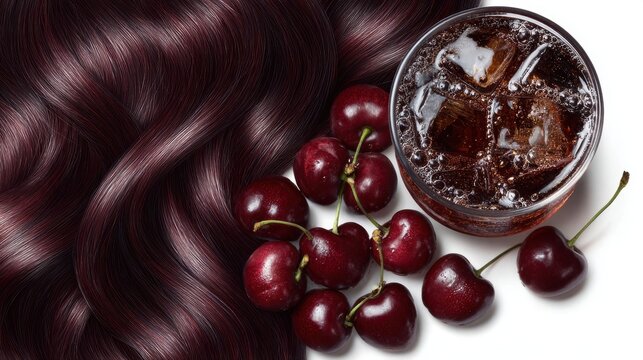 Glossy dark burgundy hair styled in waves with a glass of cherry soda and ripe cherries on a white background, showcasing professional hair color inspiration for salons and hair extensions.
