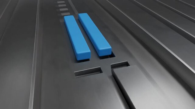 Two Blue Rectangular Buttons on a Dark Metallic Surface with Grooves Keywords: button, pause, play, media, control, interface, technology, digital, symbol, icon, music, video, audio