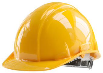 A close-up shot of a bright yellow construction helmet