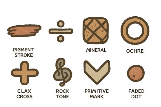 Stone-Age Iconography. Line style icons of stone-age colored notations: pigment stroke, division sign, mineral pattern, ochre