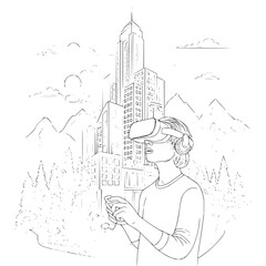 Woman Wearing Virtual Reality Headset in Cityscape with Mountains