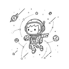 Smiling Astronaut Floating in Space with Rocket and Stars
