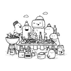 Robots and Man Having BBQ Party Outdoors