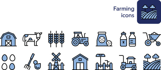 Farming, agriculture, icons, vector, illustration, sketch, outline, barn, cow, tractor, wheat, eggs, chicken, windmill, field, rake, market, shed, wheelbarrow, milk, feed © Halal Artist