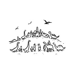 Dinosaurs Standing on Hill with Volcano Erupting in Background