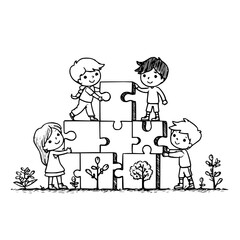 Children Building Puzzle Pieces in Garden