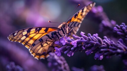 butterfly resting on a violet flower, generative ai