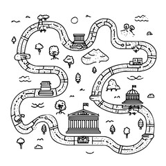 Black and White Road Map with Buildings and Trees