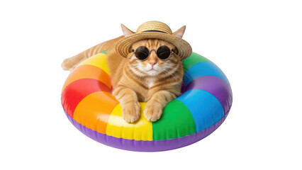 Relaxed cat lounging in rainbow pool float