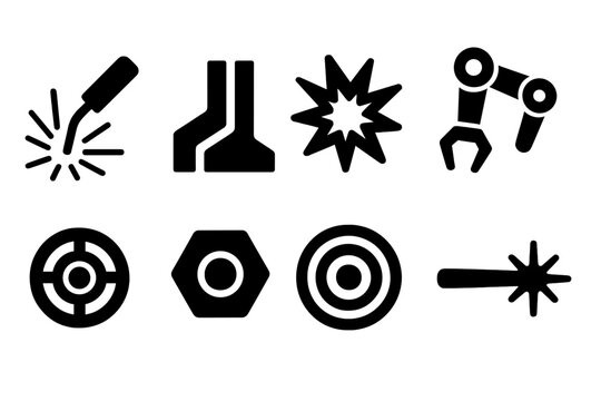 Fusion Welding Icons. Solid style icons of bright fusion tool: welding spark, joined metal, glow burst, mechanical arm, energy