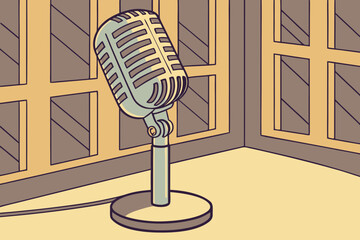 A classic vintage microphone with a polished metal finish stands ready for audio recording or performance in a studio setting.