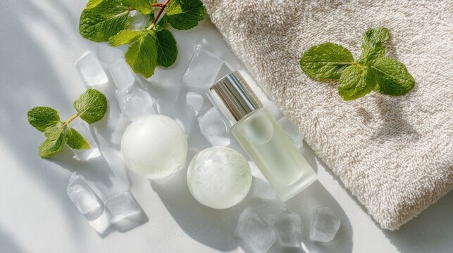 Refreshing spa essentials with mint, ice, and towel for a rejuvenating experience