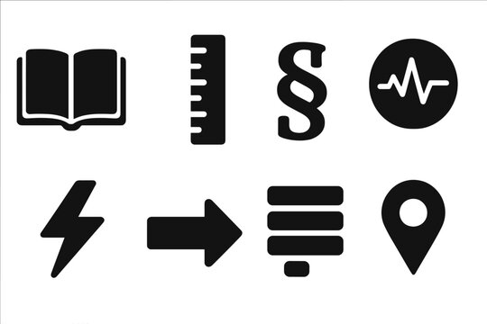 Foundation Grammar Icons. Solid style icons of foundation grammar: open book, ruler icon, paragraph symbol, pulse circle, energy