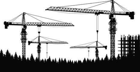 Tower crane construction site silhouettes, urban building development with lifting cranes, industrial skyline scene, engineering infrastructure vector illustration © Mst