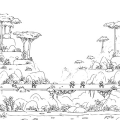 Monkeys Running on Cliffside with Trees and Waterfall